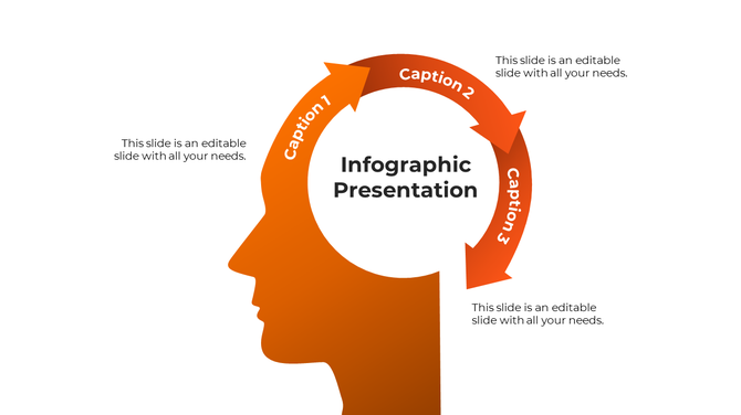 Orange head silhouette with a three-step curved arrow, illustrating an infographic presentation concept.