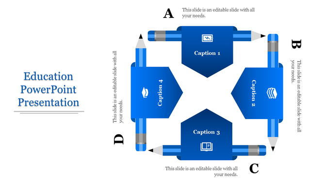 Blue education themed infographic with four arrows labeled A to D, each pointing to a caption over a pencil design.