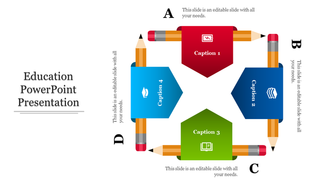 Slide with pencils forming a square frame around four colorful arrows in red, blue, green, and teal, labeled A to D.