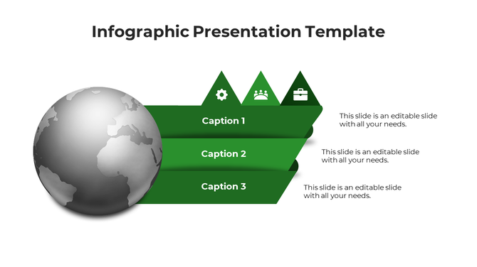 Infographic slide with a metallic globe and three layered green segments labeled with captions and icons.