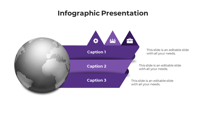 Infographic PPT template with a world globe icon and three purple sections representing different business concepts.