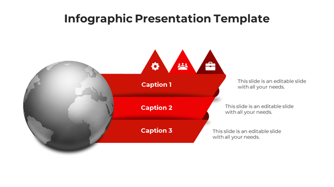 Template showcasing a silver globe next to three red arrows with icons and text placeholders on the right.