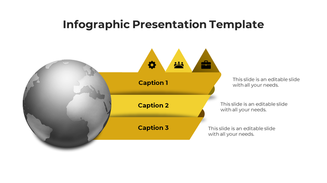 Silver toned Earth graphic paired with three yellow banner sections and matching geometric business indicators.
