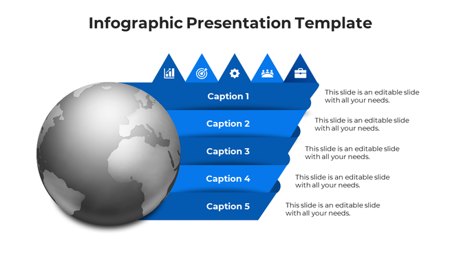Infographic with a silver globe on the left, five blue arrow shaped layers, and descriptive text on the right.