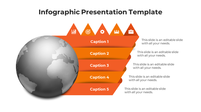 Five orange arrow themed infographic with a globe on the left and descriptive sections aligned horizontally.