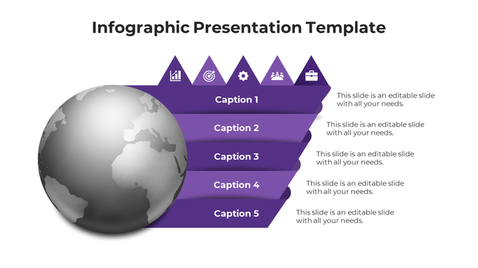 Global business infographic showing detailed Earth sphere alongside five purple segments and matching triangle indicators.