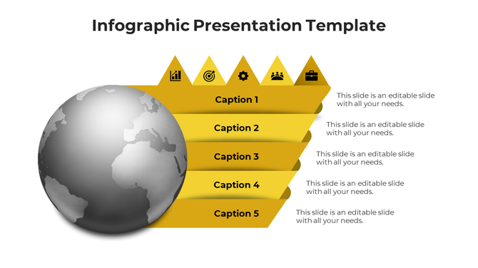 Template with a globe on the left and five yellow triangular sections arranged horizontally with captions.