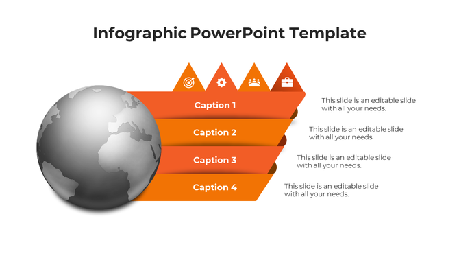 Infographic with a silver globe on the left and four orange arrow shaped layers pointing right, with icons above.