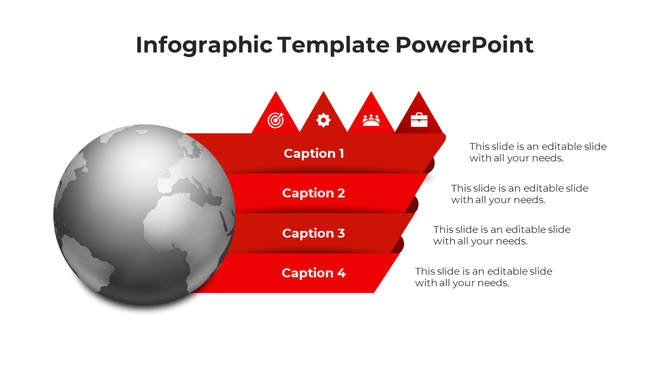 Infographic PPT template with a world globe icon and three red sections representing different business concepts.