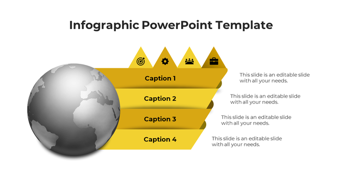 Visual design with a globe on the left, four horizontal yellow arrows, and captions on the right.