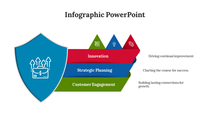 Business infographic showing azure shield with ascending arrows, adjoining three multicolored segments with strategy icons.