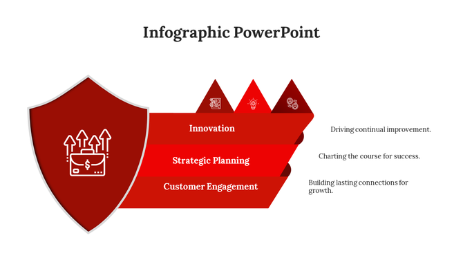 Infographic PowerPoint template with a red shield and three steps, each labeled for business concepts with icons.
