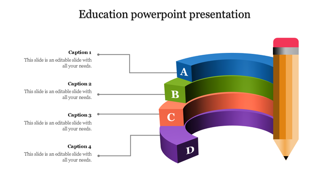 Colorful education PowerPoint template with a pencil and four curved, sections labeled A, B, C, and D with captions.