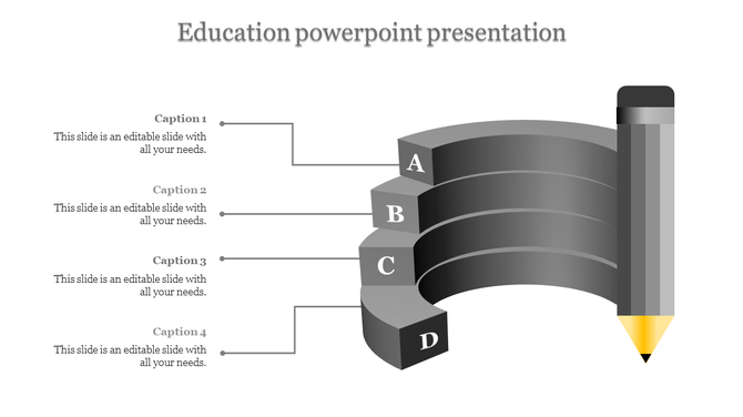 Minimalist black and white infographic with a curved staircase and pencil, representing four education levels.