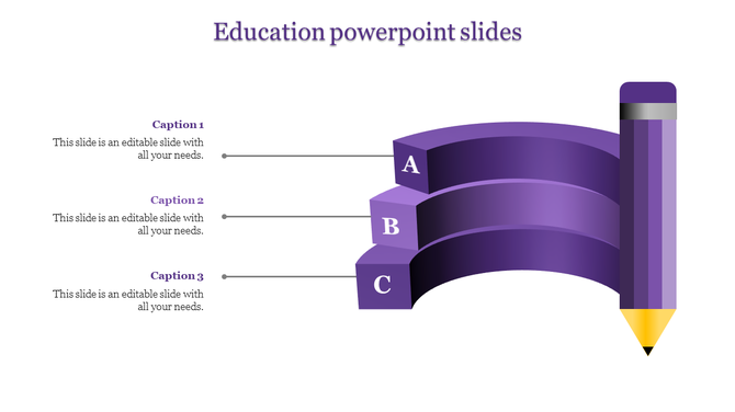 Blue education infographic shaped like a pencil, featuring three curved steps labeled A to C placed in white backdrop.
