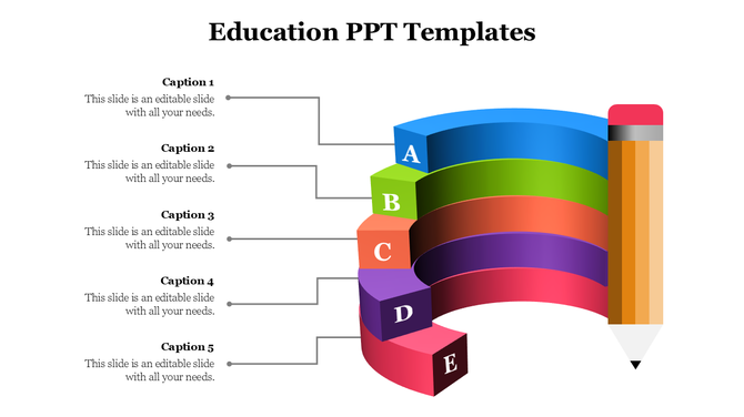Education PowerPoint template with a colorful curved design and five labeled sections for captions, next to a pencil.