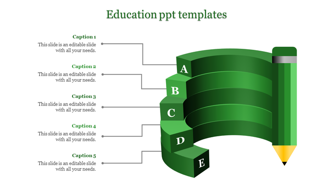Education slide with a green pencil and five stacked curved sections labeled A to E, linked to captions.