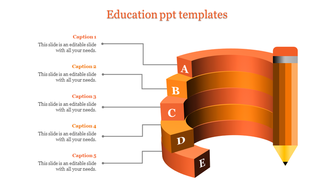 Education themed infographic featuring an orange curved staircase labeled A to E, resembling a pencil.