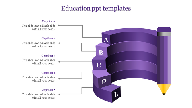 Education PowerPoint template with a purple curved design and five labeled sections for captions, next to a pencil.