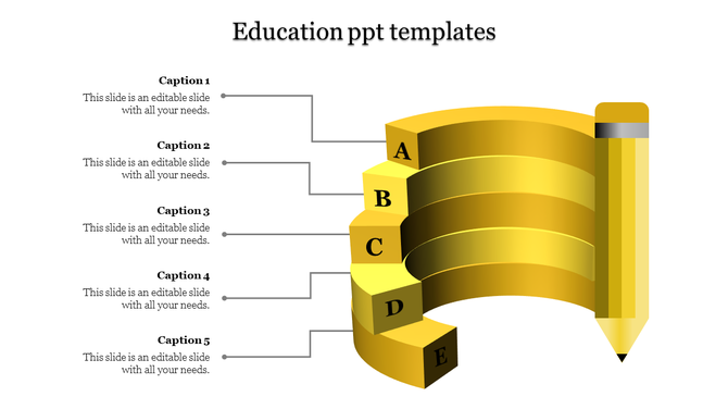 Education themed infographic featuring a yellow curved staircase labeled A to E, resembling a pencil.