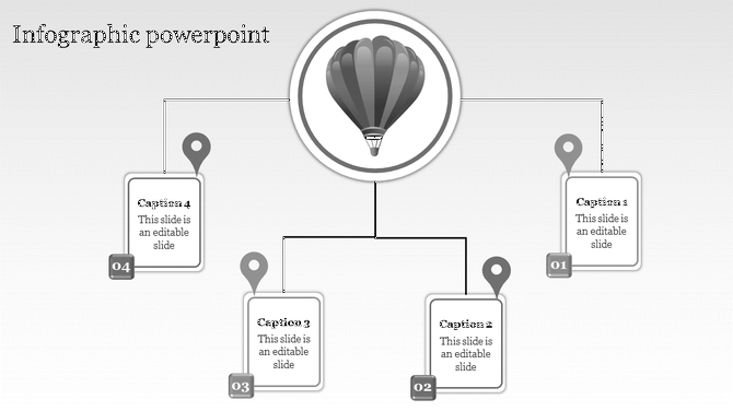 Monochrome business infographic featuring a central grayscale hot air balloon icon with four branching caption boxes.