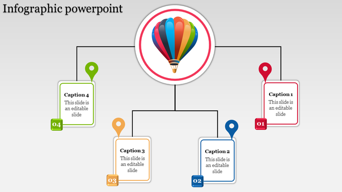 Creative infographic displaying a colorful hot air balloon and four descriptive sections in red, blue, green, and orange.