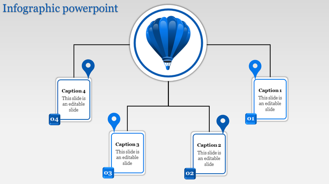 Infographic slide with a central blue balloon icon and four caption markers linked by lines on a gradient gray background.