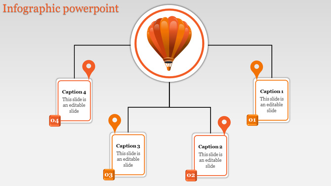 Slide with an orange hot air balloon icon and four caption blocks connected by pointers, on a whit background.