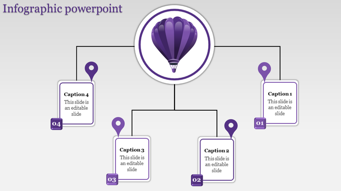 Infographic with a purple hot air balloon at the top, structured with four numbered callouts below, connected by thin lines.