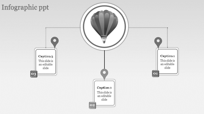 Minimalist grayscale infographic with a floating balloon icon and three numbered location markers linking to caption areas.