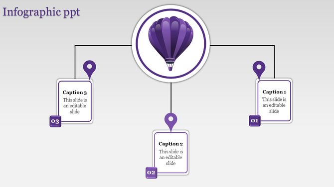 Minimalist infographic design featuring a purple hot air balloon at the center with three connected description boxes.