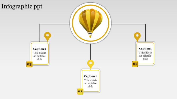 PowerPoint infographic with a yellow hot air balloon icon, branching into three labeled sections.