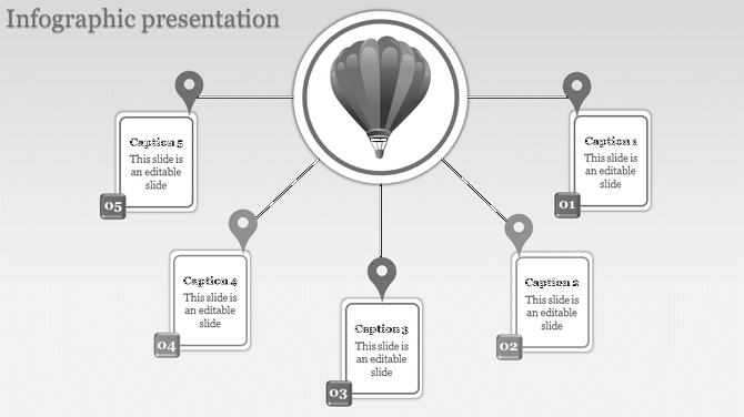 Infographic PPT slide featuring a hot air balloon in the center, connected to five captions with numbered gray markers.