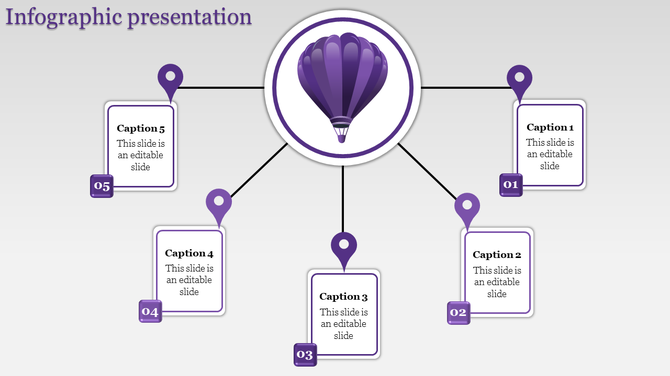 Infographic PPT slide featuring a hot air balloon in the center, connected to five captions with numbered purple markers.