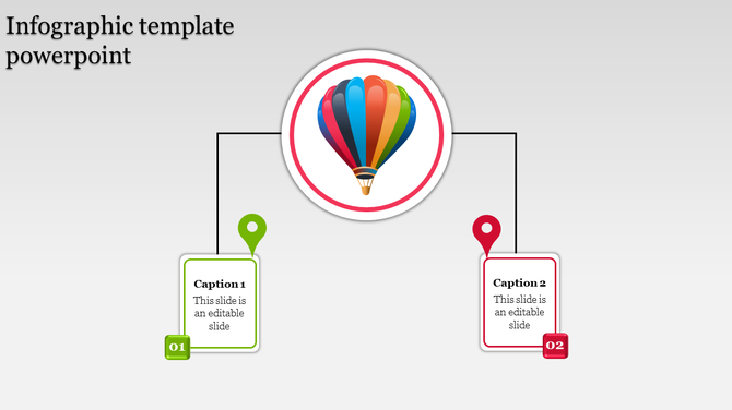 Two step infographic with a central hot air balloon graphic, connected to green and red caption areas boxes.