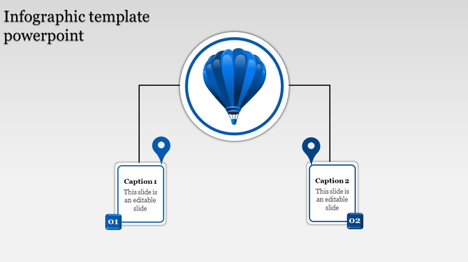 Hot air balloon themed infographic slide with two connected captions, each marked with blue location pins.