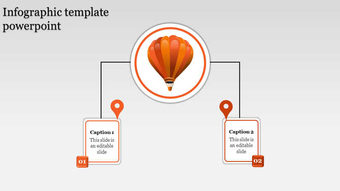Infographic template featuring an orange hot air balloon, branching into two labeled text boxes with location pins.