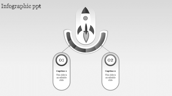Business growth infographic featuring a white and gray rocket above a curved segmented progress arc.