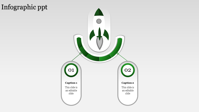 Rocket themed infographic slide with two green and white numbered captions connected to a central rocket design.