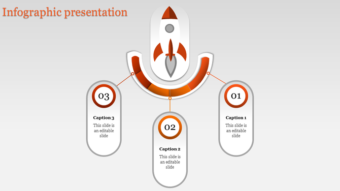 Rocket themed infographic slide with a red and white design and three numbered captions connected to the rocket graphic.