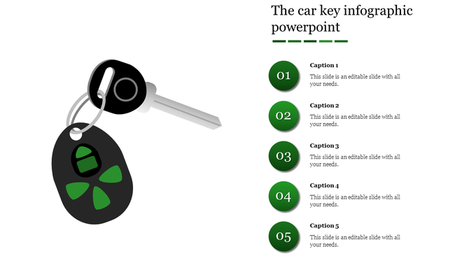Car key infographic template with green buttons and five numbered captions listed vertically on the right.