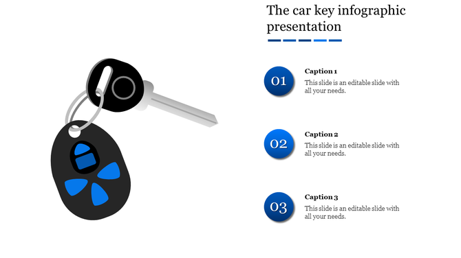 Car key infographic slide with a black fob and key on the left, paired with three numbered blue captions on the right.