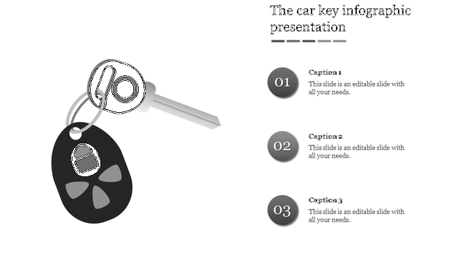 Gray themed car key design paired with text circles numbered 01 to 03, placed on a white background.