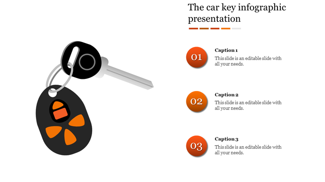 Car key infographic slide with a black fob and key on the left, paired with three numbered orange captions on the right.