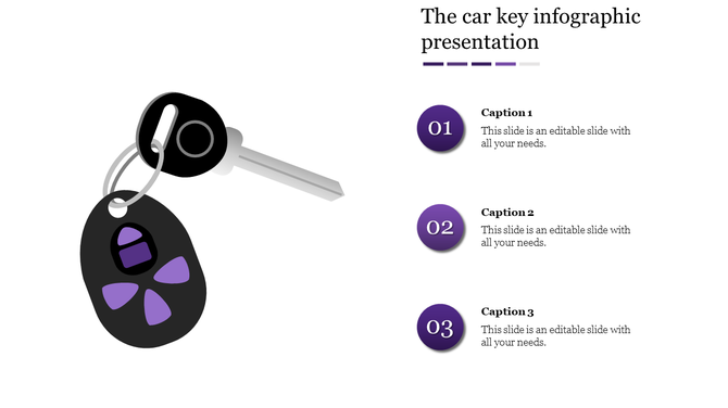 Minimalist car key graphic in purple, paired with three numbered text points arranged vertically on the right.