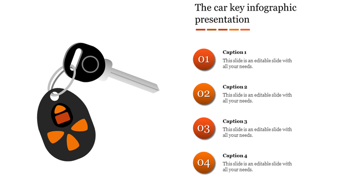 Car key infographic slide with a key and fob on the left and four numbered captions in orange circles on the right.