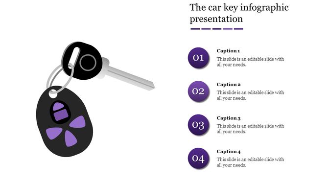 Left aligned car key graphic with purple highlights and corresponding four captions listed vertically on the right side.