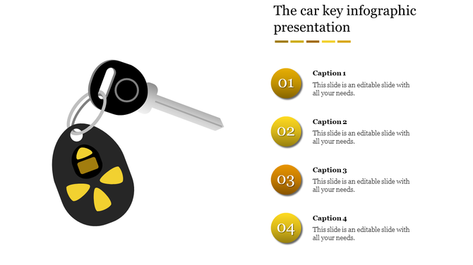 Car key infographic slide with a key and fob on the left and four numbered captions in yellow circles on the right.