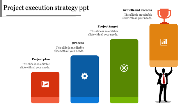 Illustrated project execution strategy with stages represented by blocks, concluding with a person holding a trophy.