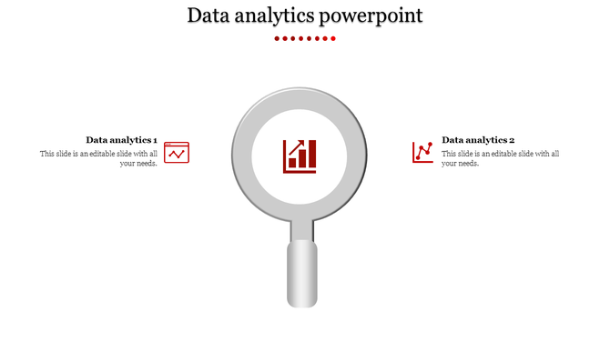 Central magnifying glass displaying a red graph, paired with two icons representing data analytics.